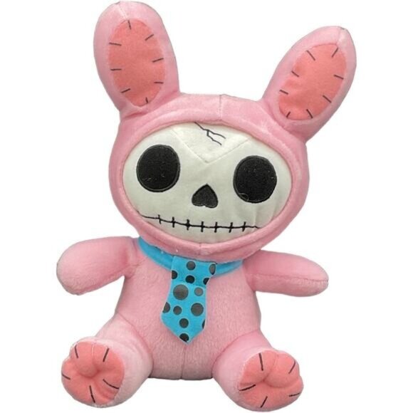 Fiesta Furrybones Pink Bunny Skeleton Plush Toy With Blue Polka Dot Tie - Picture 1 of 7